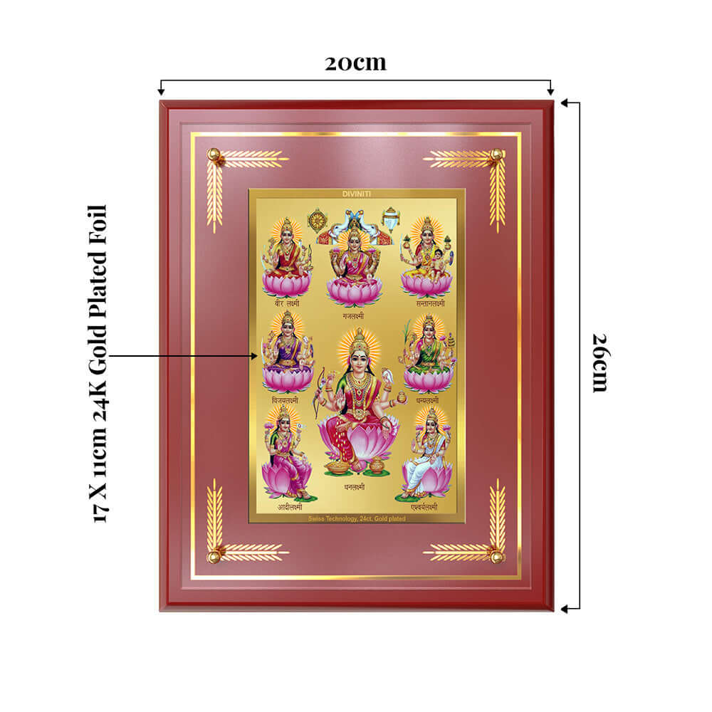 Ashtalakshmi Tabletop Photo Frame in 24K gold plated foil displaying eight Goddesses for home decor.