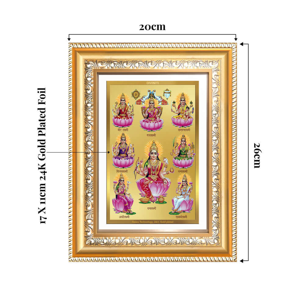Ashtalakshmi | Lakshmi Devi Wall and Tabletop Photo Frame in 24K Gold Plated Foil