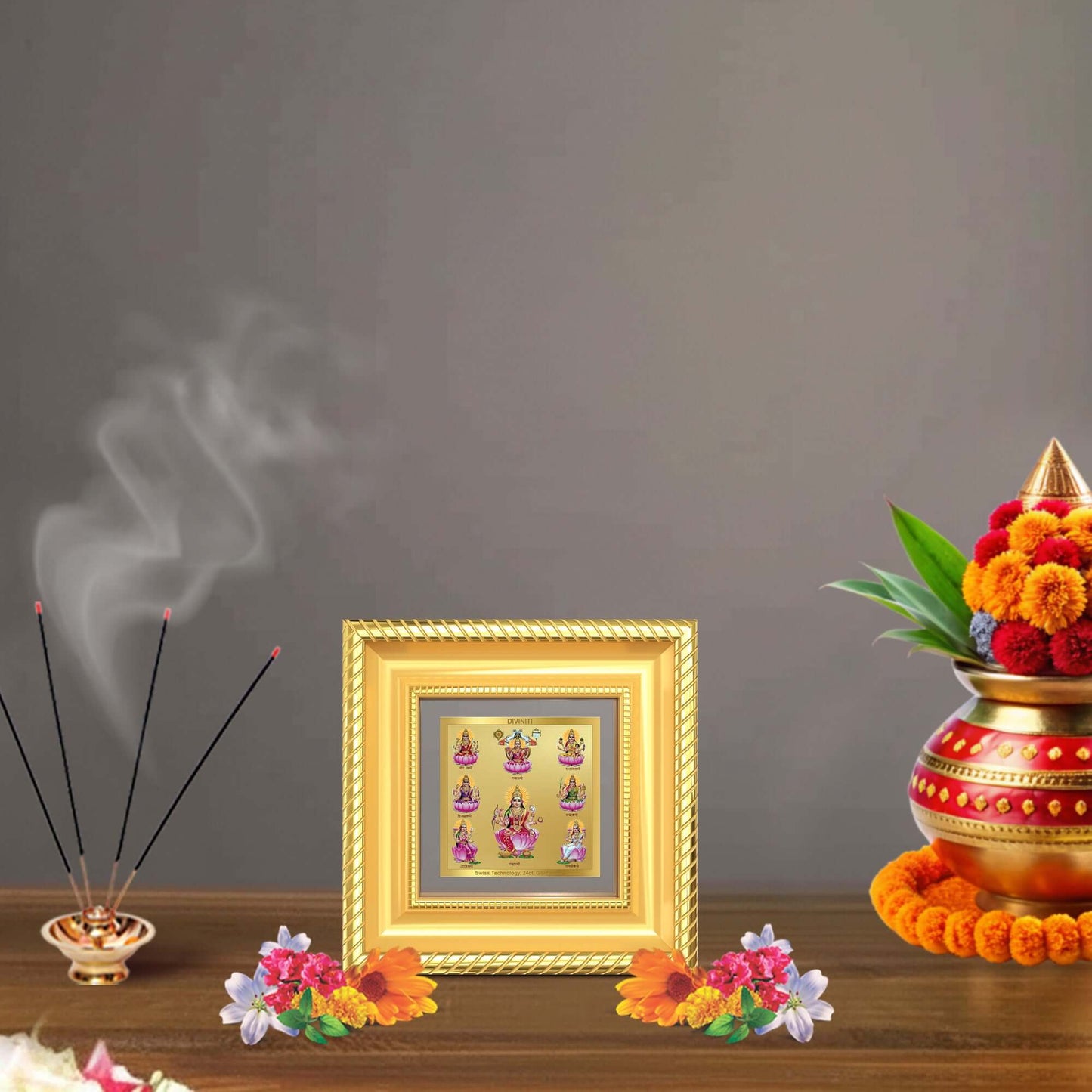 Ashtalakshmi Lakshmi Devi Tabletop frame placed in a modern wooden mandir with traditional pooja items and spiritual home décor