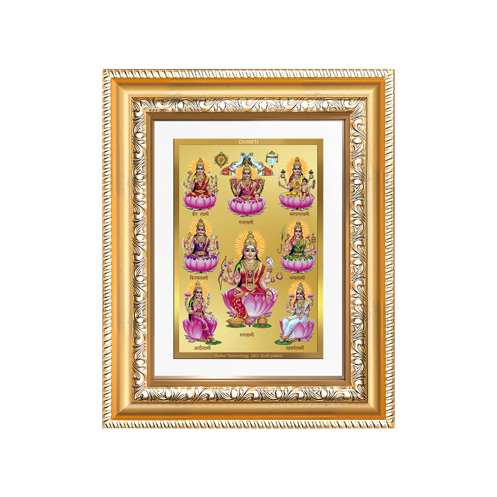Ashtalakshmi photo frame in 24K gold plated foil, depicting eight manifestations of Goddess Lakshmi on a decorative background.