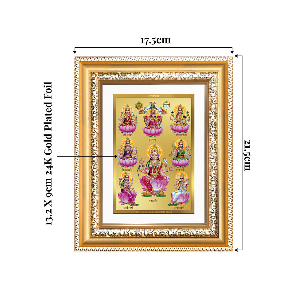 Ashtalakshmi photo frame in 24K gold plated foil depicting eight manifestations of Goddess Lakshmi on a decorative background.