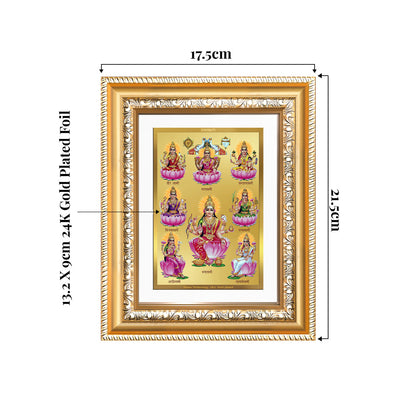 Ashtalakshmi photo frame in 24K gold plated foil depicting eight manifestations of Goddess Lakshmi on a decorative background.