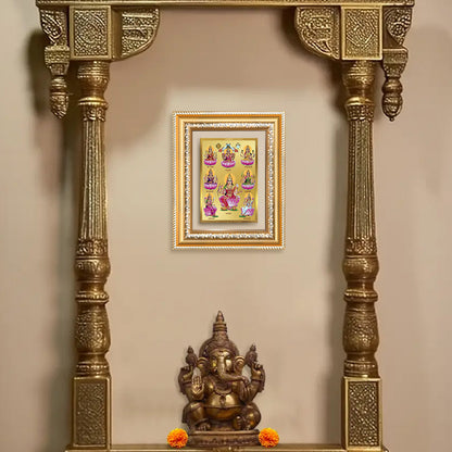 Ashtalakshmi photo frame in 24K gold plated foil displayed on puja room wall
