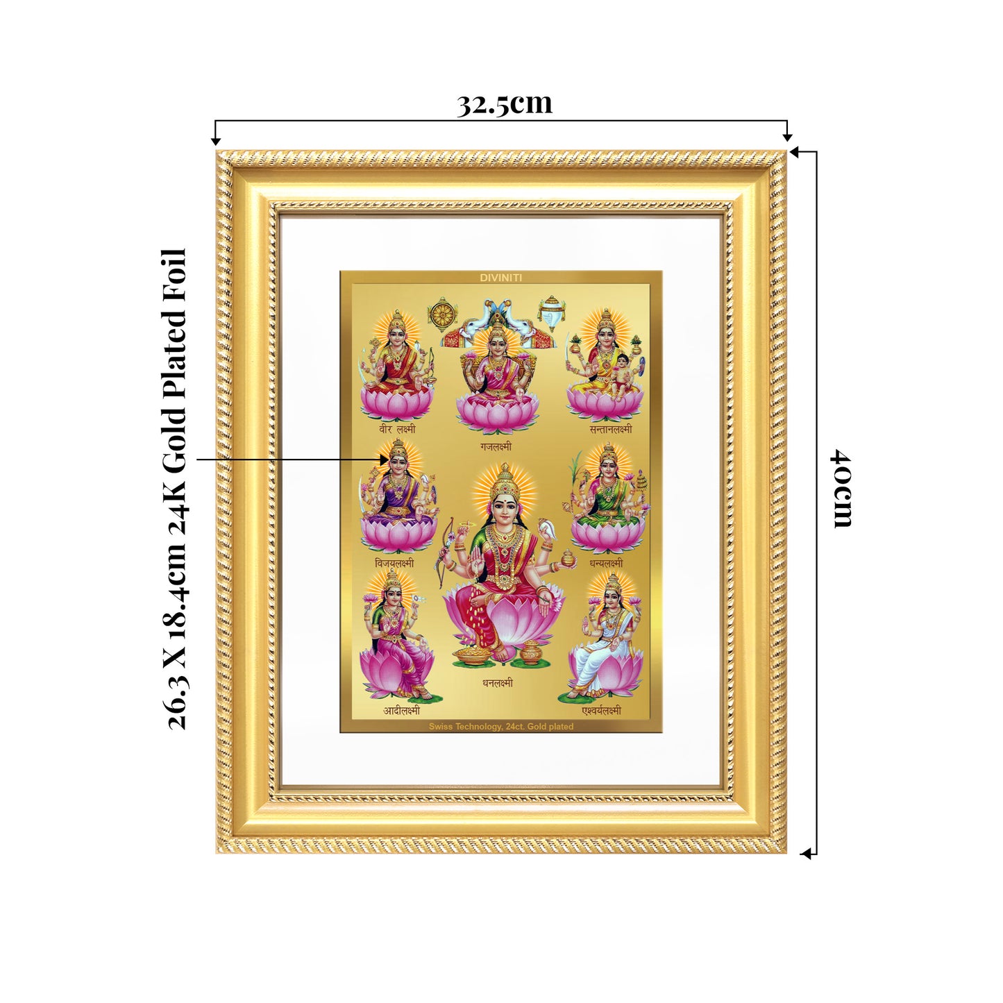 Ashtalakshmi | Lakshmi Devi for Wall Mount Photo Frame in 24K Gold Plated Foil