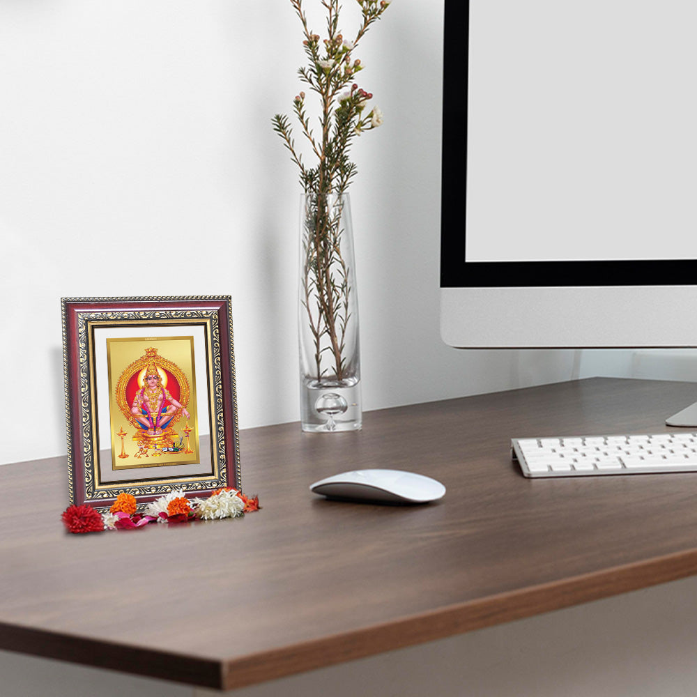 Lord Ayyappan Photo Frame and Tabletop Frame in 24K Gold Plated Foil displayed on wooden table with flower vase