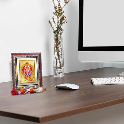 Lord Ayyappan Photo Frame and Tabletop Frame in 24K Gold Plated Foil displayed on wooden table with flower vase