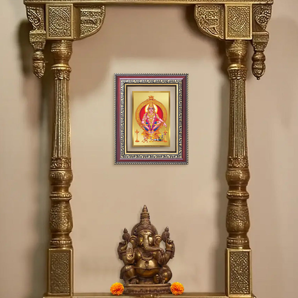 Lord Ayyappan Photo Frame and Tabletop Frame in 24K Gold Plated Foil displayed on wall puja room