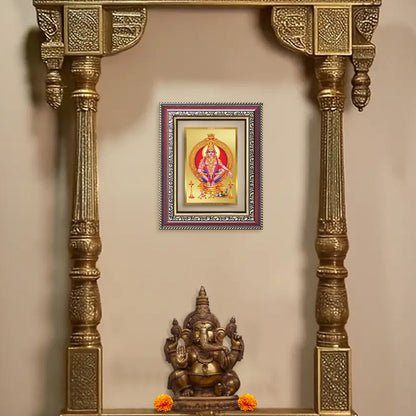 Lord Ayyappan Photo Frame and Tabletop Frame in 24K Gold Plated Foil displayed on wall puja room
