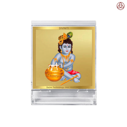 Makkan Gopal | Divine Lord Krishna Car Dashboard & Tabletop Photo Frame in 24K Gold Plated Foil