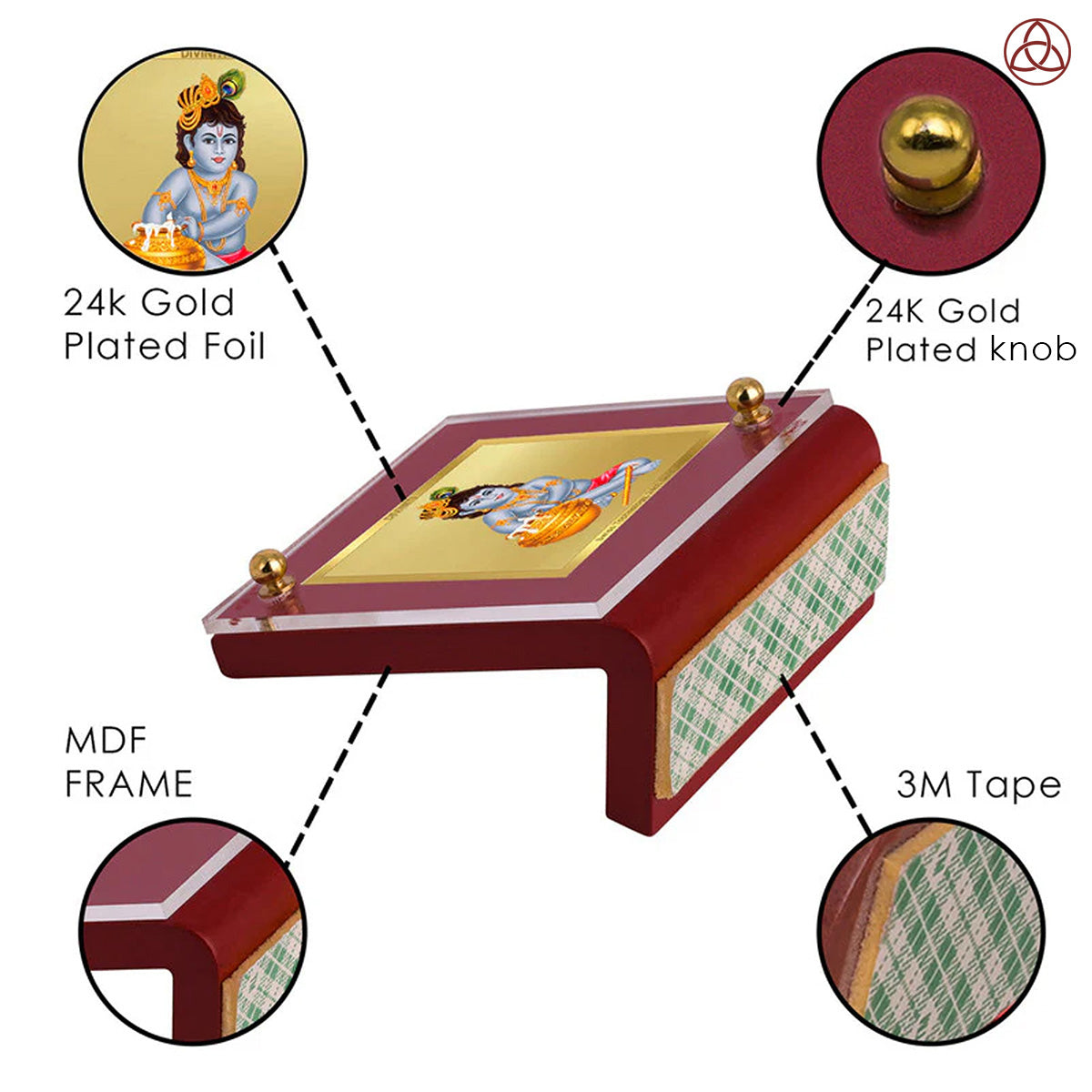 Makkan Gopal | Divine Lord Krishna Car Dashboard & Tabletop Photo Frame in 24K Gold Plated Foil