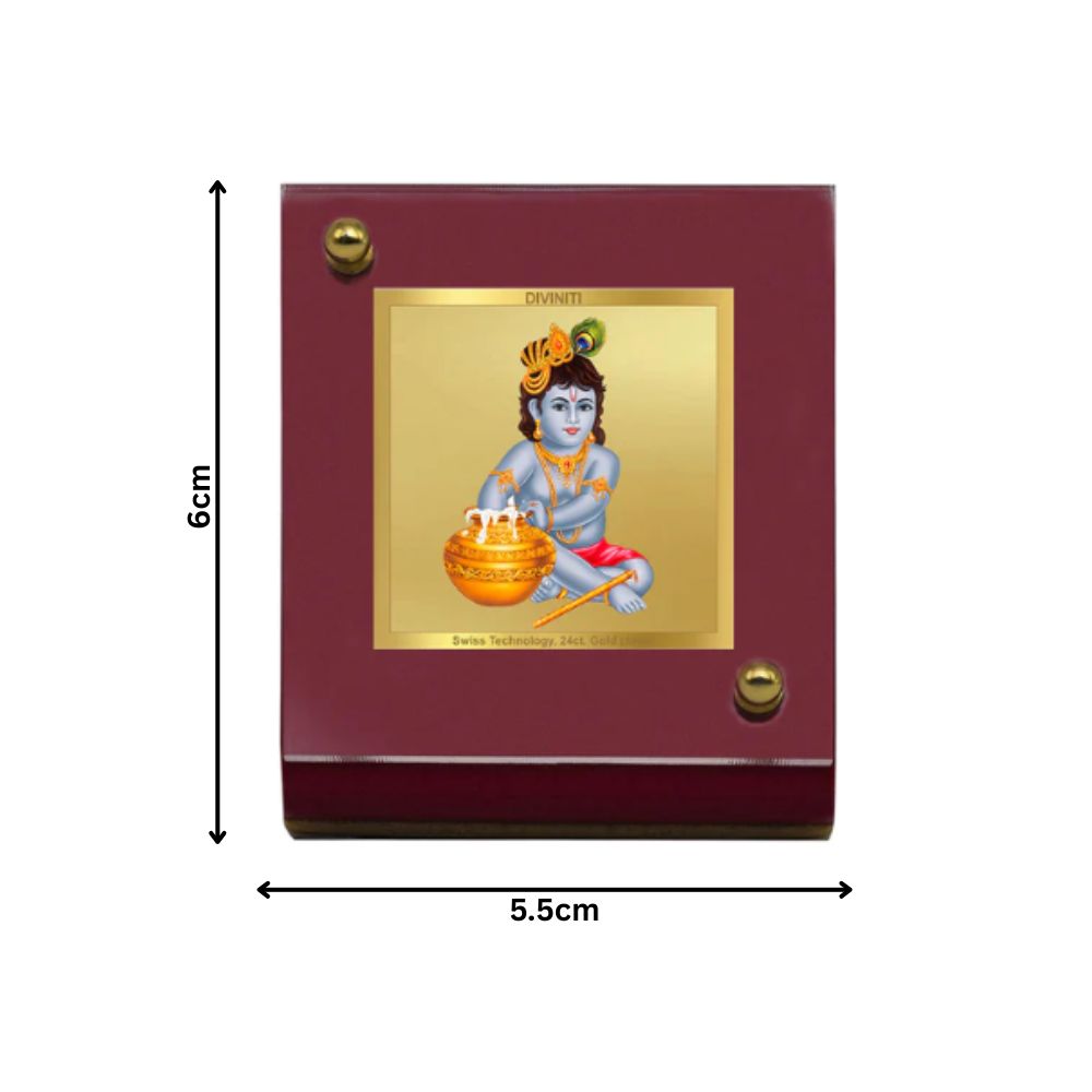 Makkan Gopal | Divine Lord Krishna Car Dashboard & Tabletop Photo Frame in 24K Gold Plated Foil