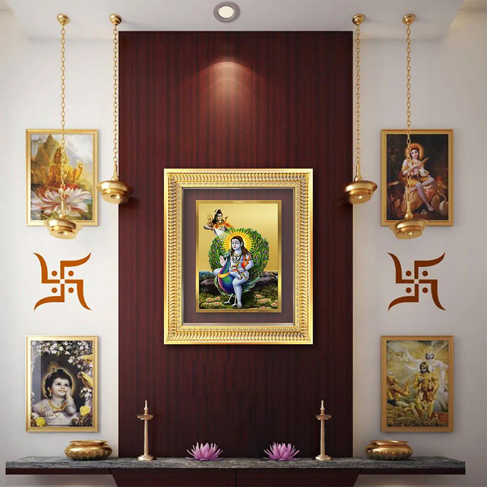 Baba Balak Nath Paunahari framed art in a spiritual wall setup with golden decor and traditional Indian paintings.