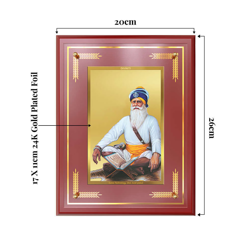 Baba Deep Singh Ji Photo Frame showing product dimensions, ideal for spiritual décor and devotional gifting.