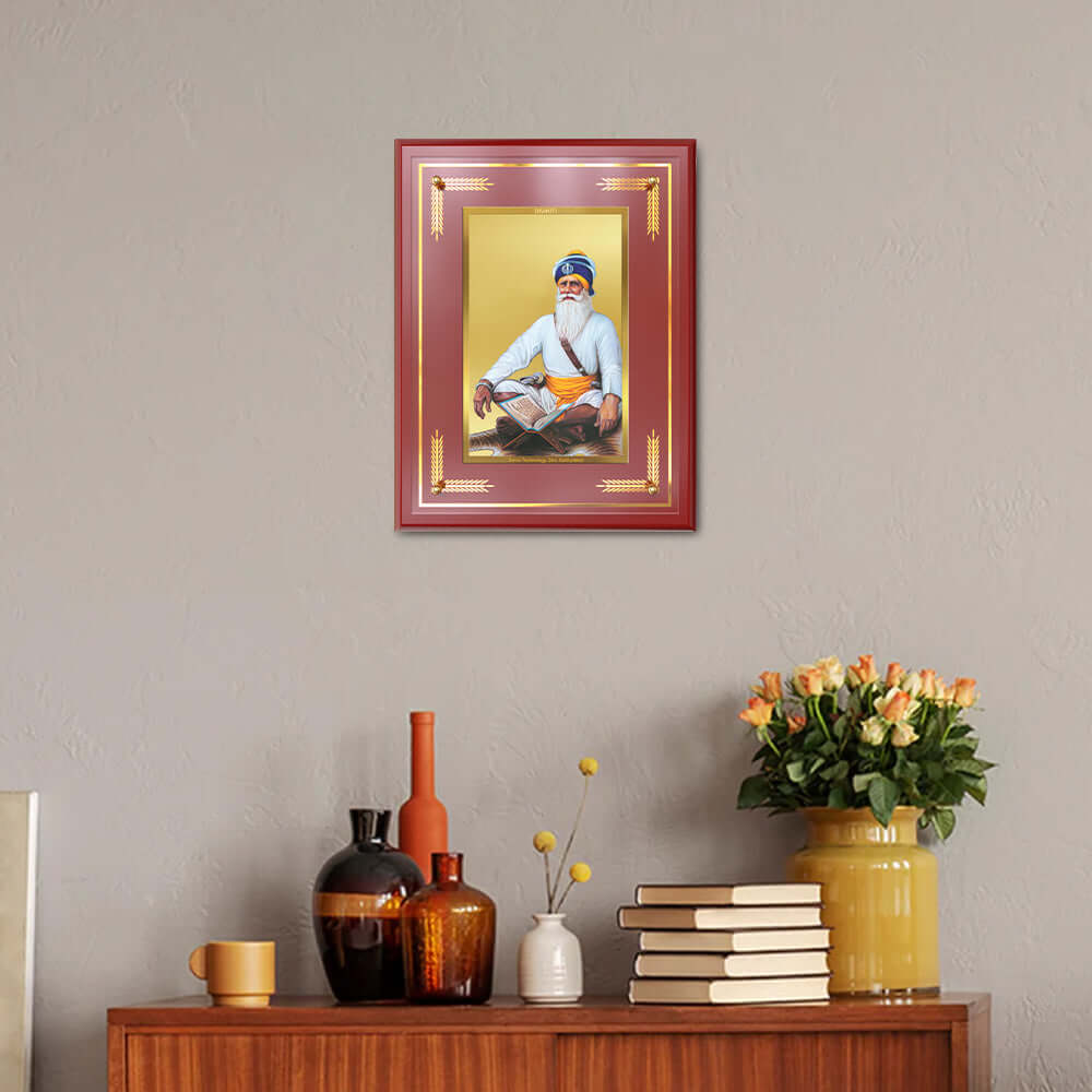 Baba Deep Singh Ji Photo Frame displayed in a beautifully decorated wooden wall shrine.