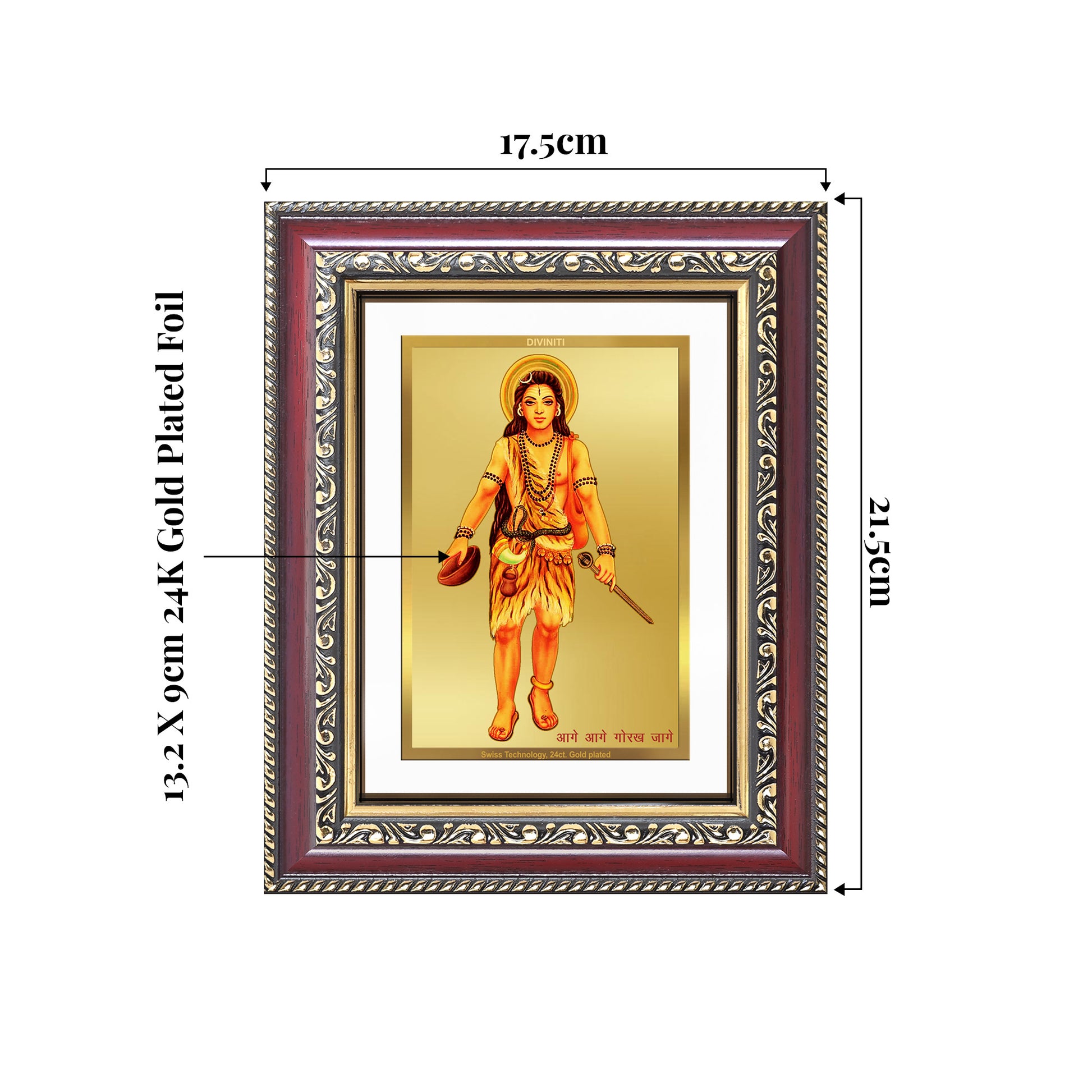 Baba Gorakhnath Photo Frame in 24K Gold Plated Foil showing dimensions