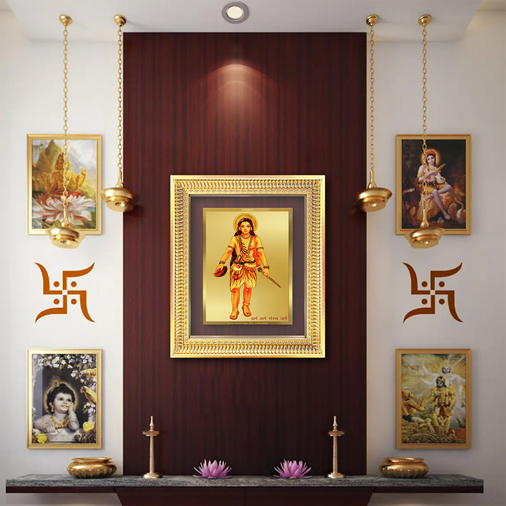 Baba Gorakhnath Darshani Wall Frame in ornate gold frame, displayed with spiritual artwork and decorative elements.