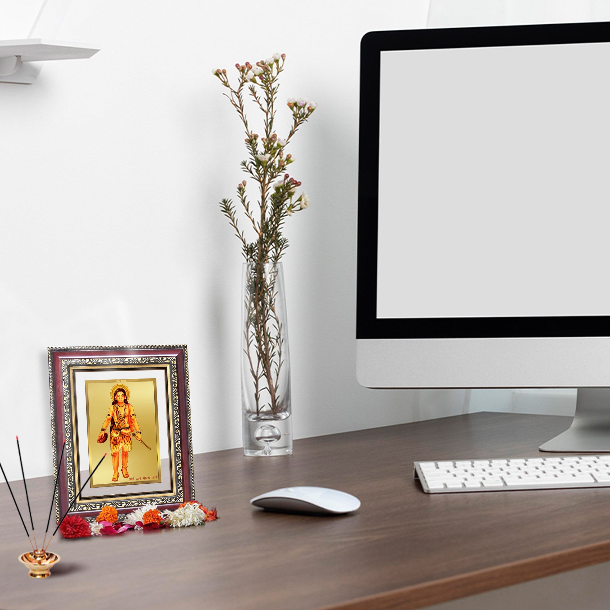 Baba Gorakhnath Photo Frame in 24K Gold Plated Foil displayed on wooden table