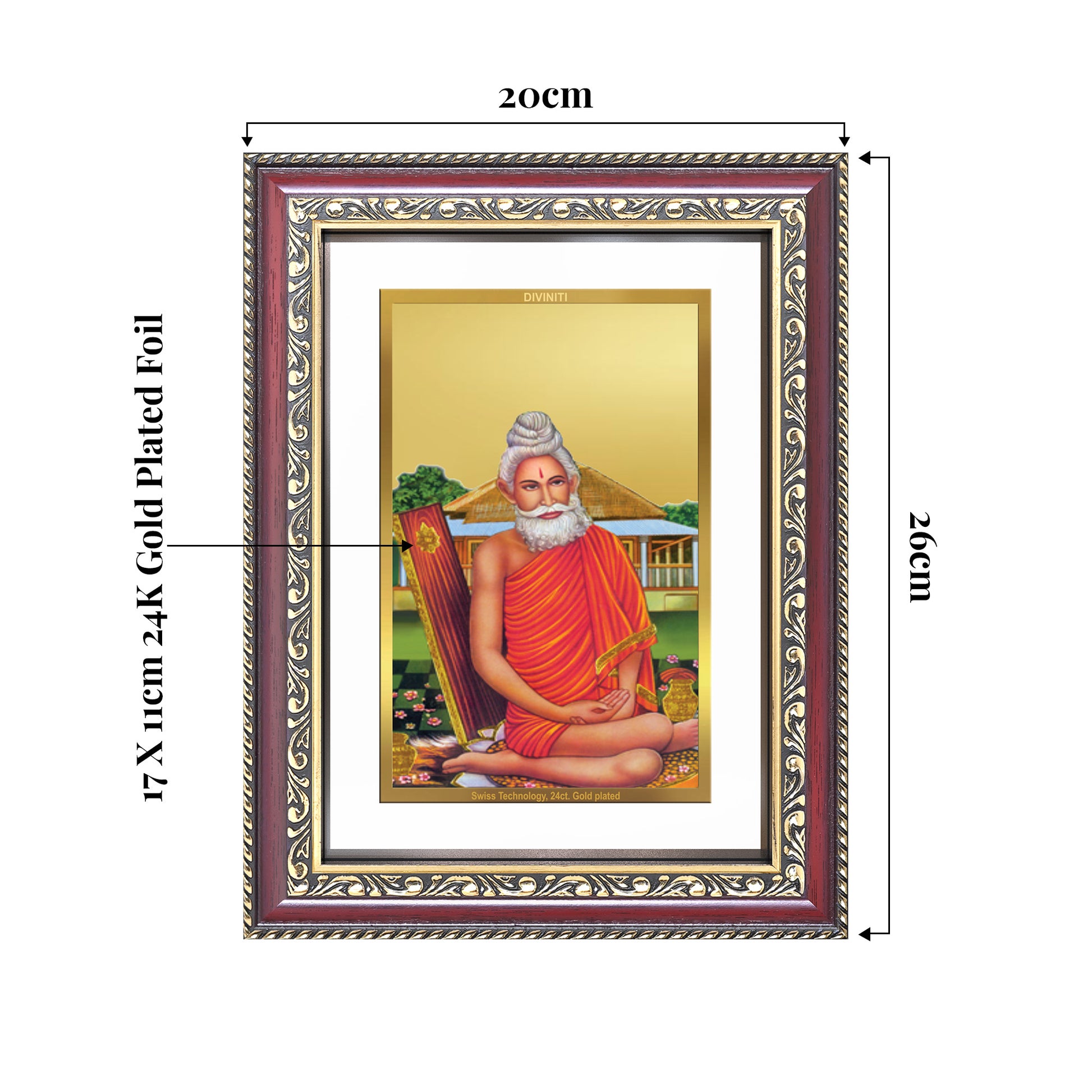 Lokenath Brahmachari Photo Frame in 24k gold plated foil showing dimensions