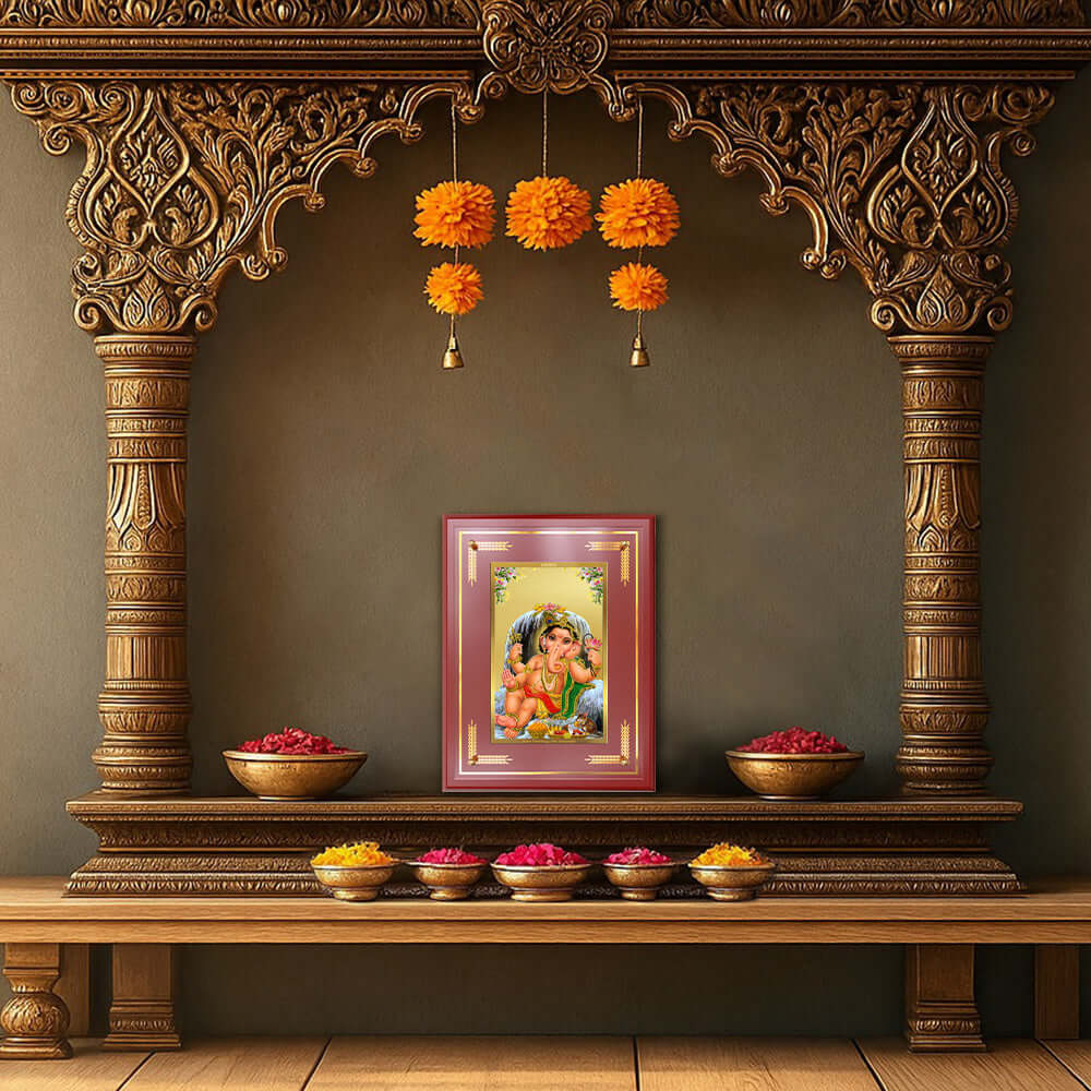 Bal Ganapati Photo Frame displayed in home temple