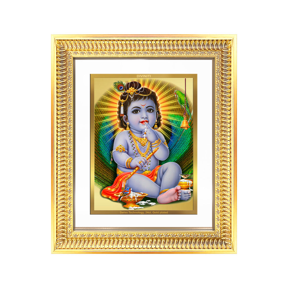 Makhan Gopal | Baby Krishna | Devakinandana framed in 24K Gold Plated Foil, depicted enjoying butter and playing flute.