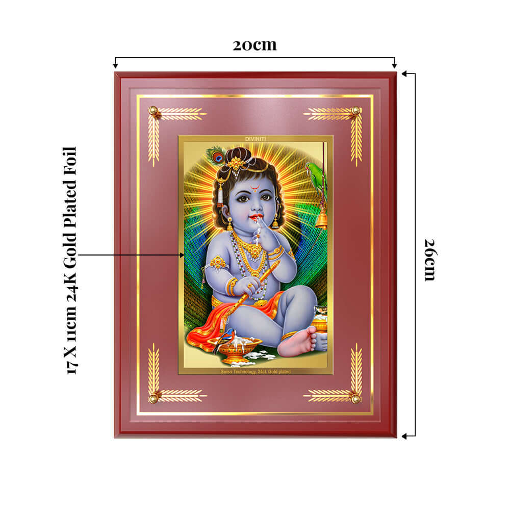 Baby Krishna photo frame in 24K Gold Plated Foil, measuring 17x20cm, showcasing Lord Krishna playfully enjoying butter.