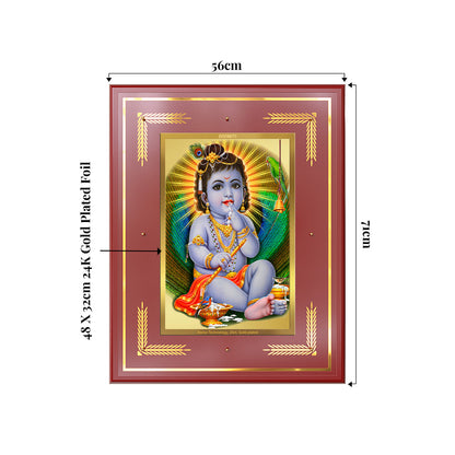 Baby Krishna wall photo frame featuring young Lord Krishna playfully with makhan, beautifully crafted in 24K gold plated foil.