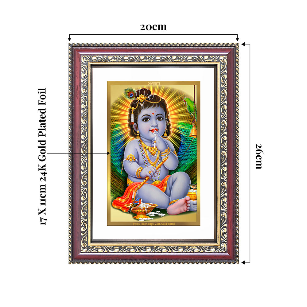 Bal Gopal | Baby Krishna framed photo in 24K Gold Plated Foil, depicting young Krishna with butter.