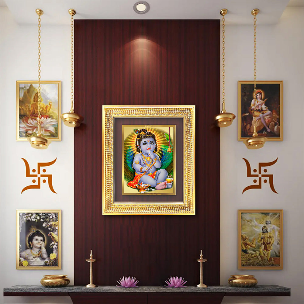 Makhan Gopal | Baby Krishna wall and tabletop frame in 24K gold plated foil on display.