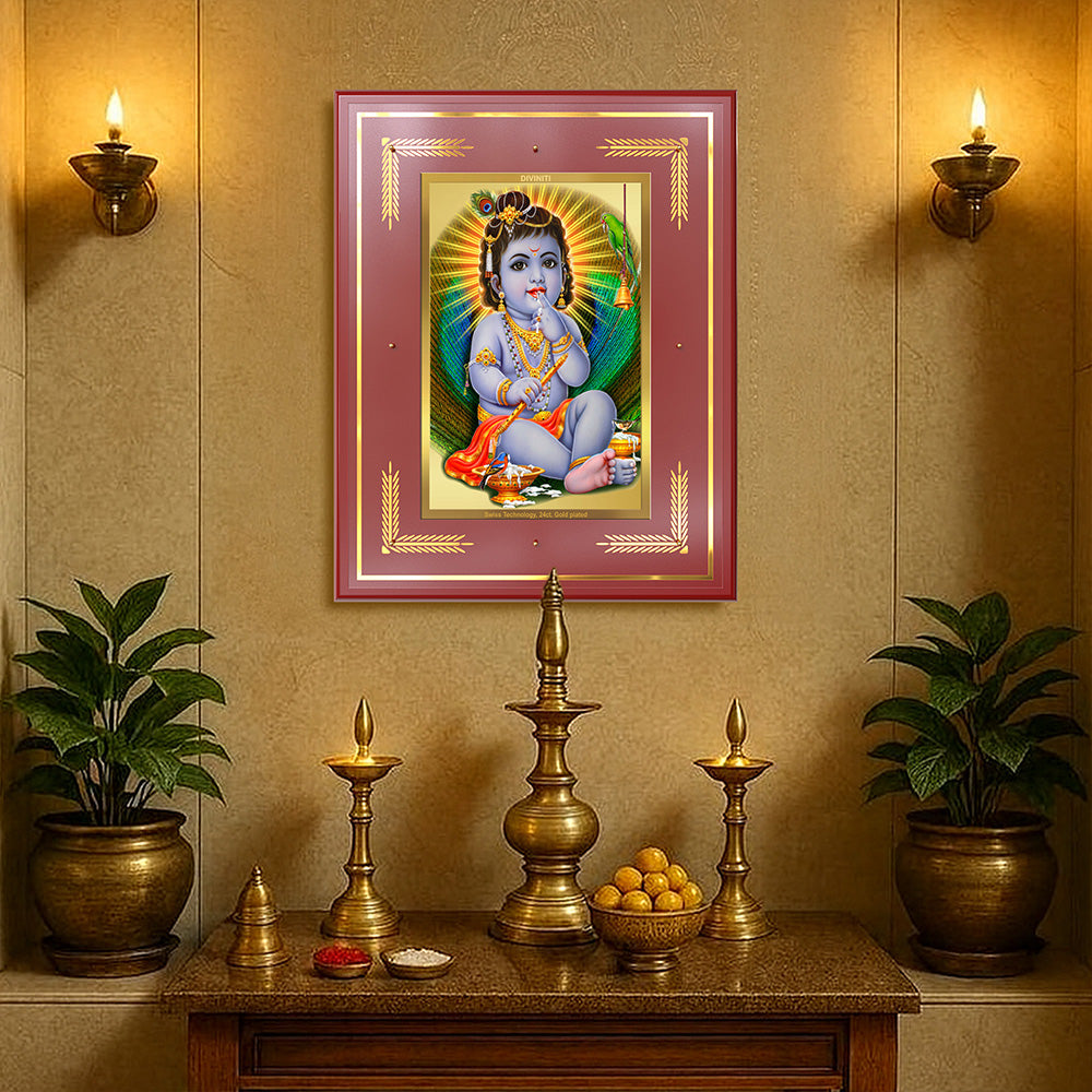 Baby Krishna wall photo frame featuring young Lord Krishna enjoying makhan with Baansuri in a decorative setting.