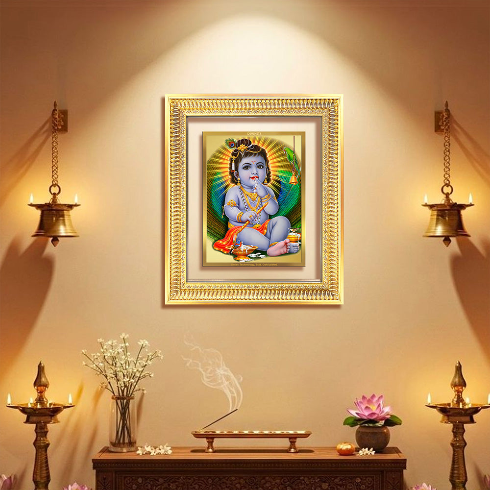 Makhan Gopal | Baby Krishna | Devakinandana framed in a golden ornate frame, beautifully displayed in a serene setting.