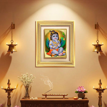 Makhan Gopal | Baby Krishna | Devakinandana framed in a golden ornate frame, beautifully displayed in a serene setting.