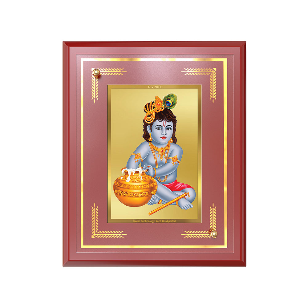 Makhan Gopal Photo Frame featuring young Krishna with Makhan Matka and Baansuri in 24K Gold Plated Foil.