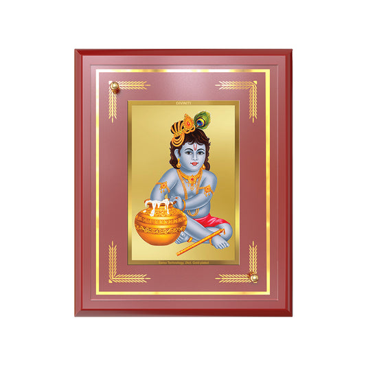Makhan Gopal Photo Frame featuring young Krishna with Makhan Matka and Baansuri in 24K Gold Plated Foil.