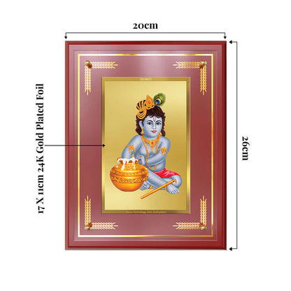 Bal Makhan Gopal Photo Frame featuring young Lord Krishna with Makhan Matka and Baansuri in 24K Gold Plated Foil.