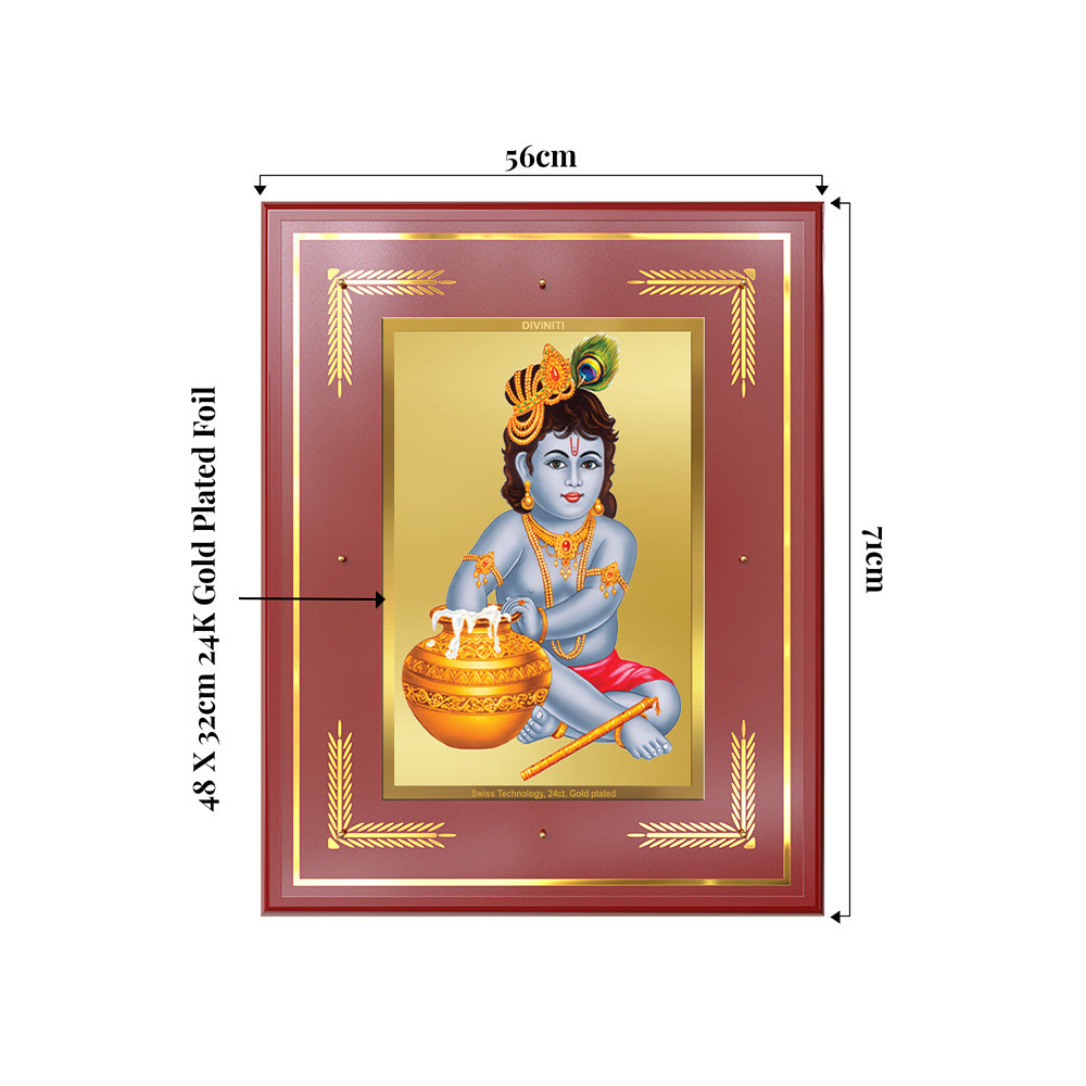 Makhan Gopal photo frame | Baby Krishna | Devakinandana Wall Photo Frame in 24K Gold Plated Foil with intricate details and vibrant colors.