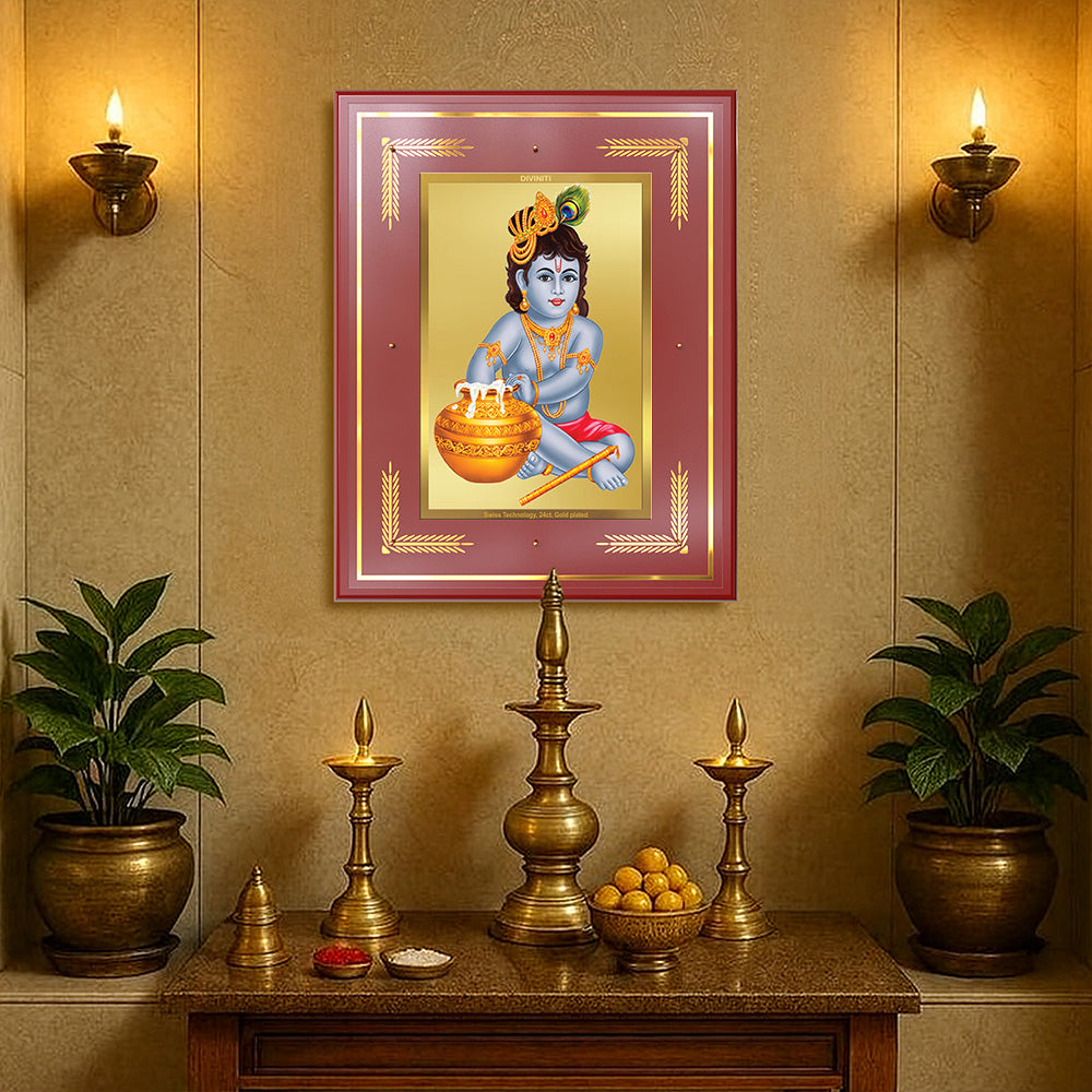 Makhan Gopal photo frame | Baby Krishna | Devakinandana Wall Photo Frame in 24K Gold Plated Foil adorning a sacred altar.