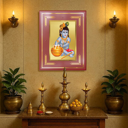 Makhan Gopal photo frame | Baby Krishna | Devakinandana Wall Photo Frame in 24K Gold Plated Foil adorning a sacred altar.
