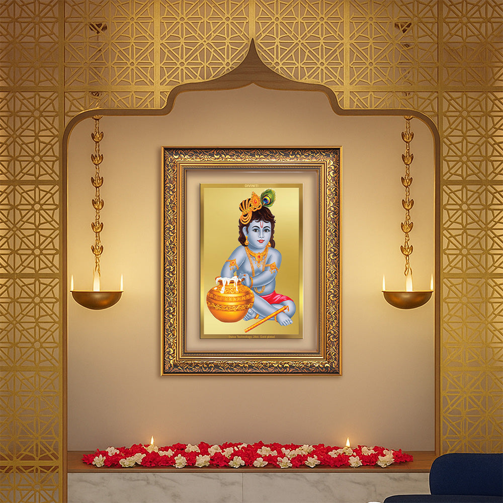 Makhan Gopal | Baby Krishna | Devakinandana Wall Photo Frame in 24K Gold Plated Foil