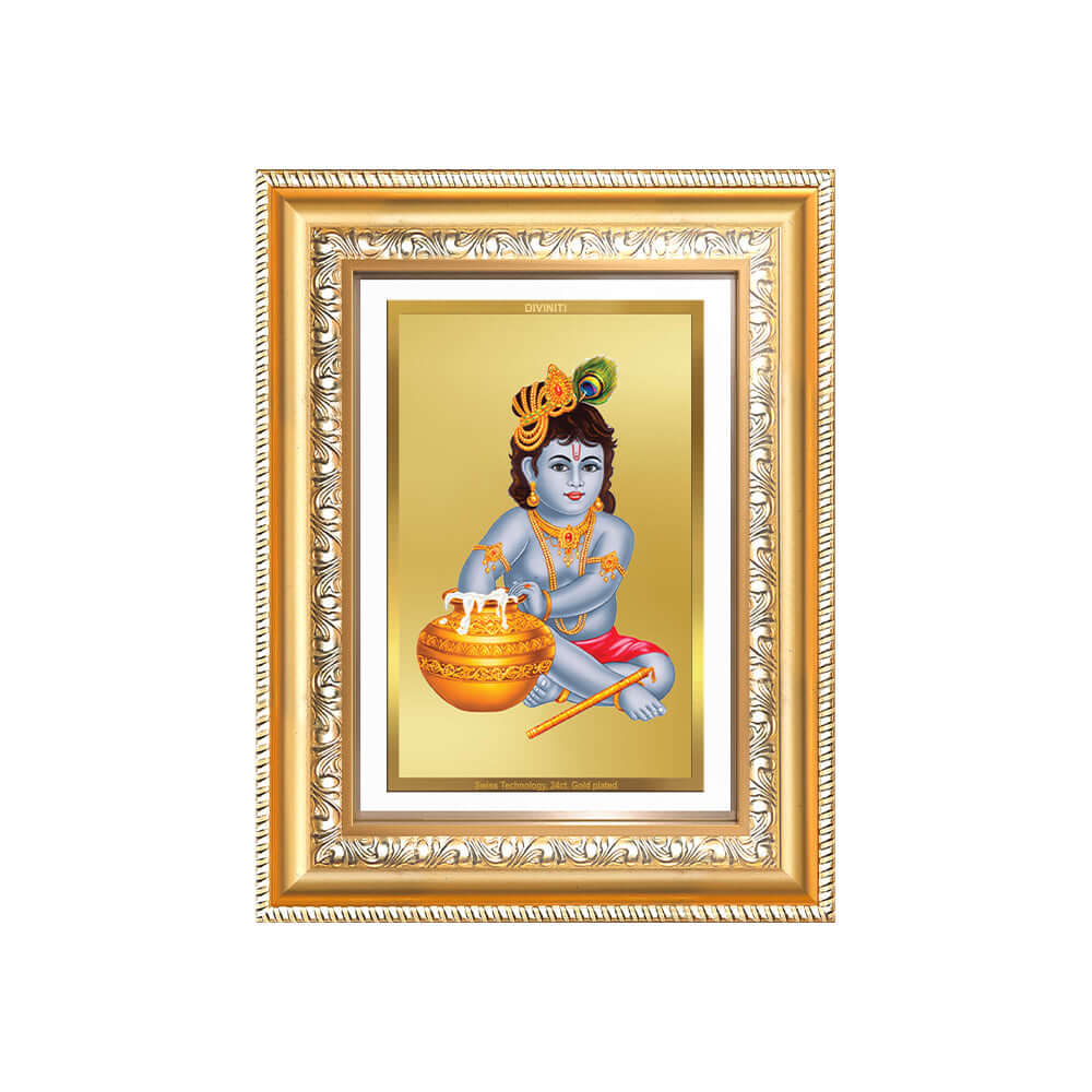 24K gold plated Bal Gopal photo frame featuring Baby Krishna with a pot, exquisite tabletop design.