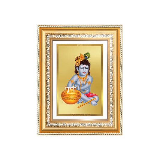 24K gold plated Bal Gopal photo frame featuring Baby Krishna with a pot, exquisite tabletop design.