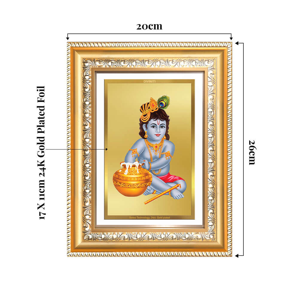 24K gold plated Bal Gopal photo frame displaying Baby Krishna with pot, dimensions 20x26cm, elegant design.