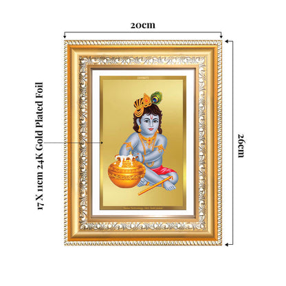 24K gold plated Bal Gopal photo frame displaying Baby Krishna with pot, dimensions 20x26cm, elegant design.