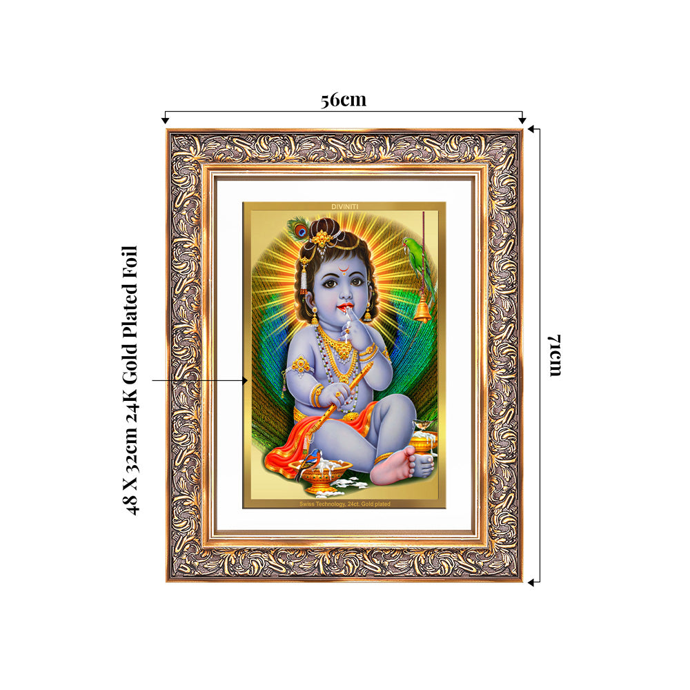 Baby Krishna gold photo frame in 24K gold plated foil, depicting young Lord Krishna enjoying butter with intricate details.