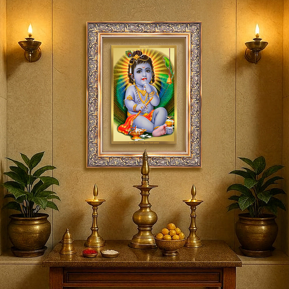 Baby Krishna gold photo frame featuring Bal Gopal in a beautifully designed wall frame with intricate detailing.