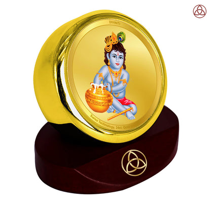 Makkan Gopal | Divine Lord Krishna Car Dashboard & Tabletop Photo Frame in 24K Gold Plated Foil