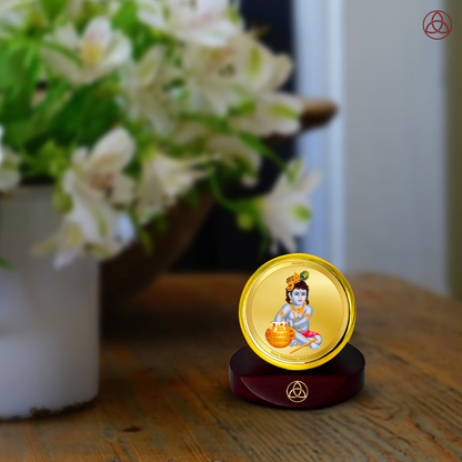 Makkan Gopal | Divine Lord Krishna Car Dashboard & Tabletop Photo Frame in 24K Gold Plated Foil