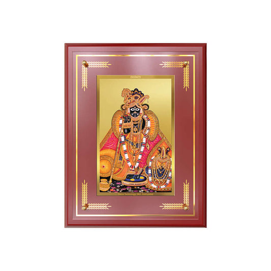Banke Bihari Photo Frame in red with gold accents featuring Lord Krishna and Kunjbihari design.
