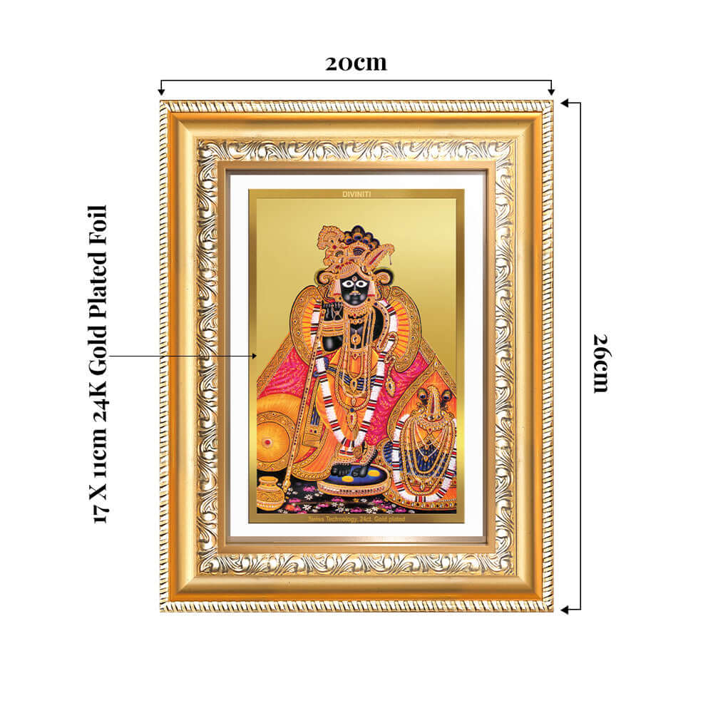 Banke Bihari Kunjbihari wall and tabletop photo frame in 24K gold plated foil, dimensions 20cm x 26cm.