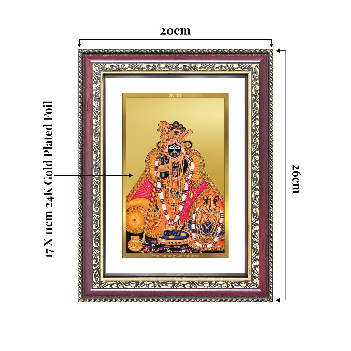 Elegant wall photo frame featuring Banke Bihari, crafted on 24K gold plated foil, dimensions 17 x 20 cm.