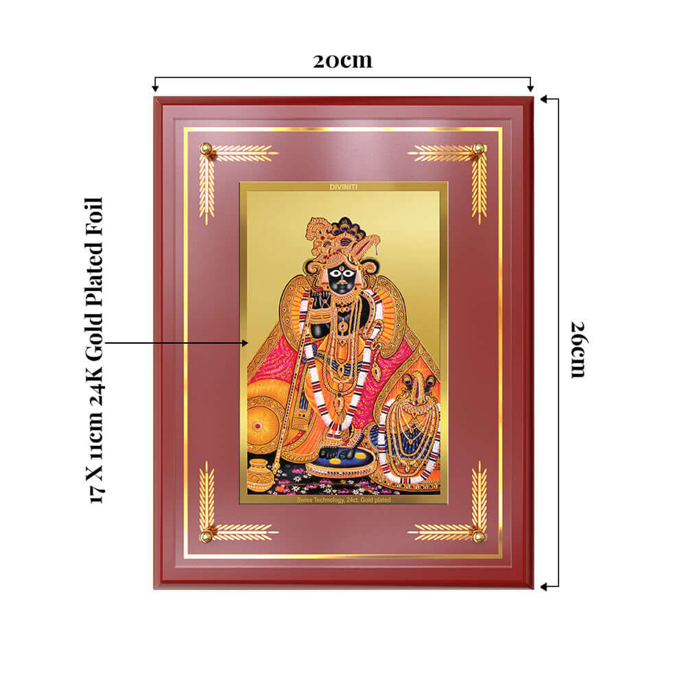 Banke Bihari Photo Frame in 24K gold-plated foil, showcasing Lord Krishna's enchanting form, perfect for wall or tabletop display.